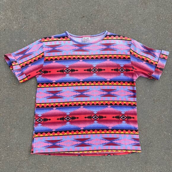 Vintage Tops - Vintage 90s Denim Republic Colorful Southwestern Geometric Roll Sleeve T Shirt